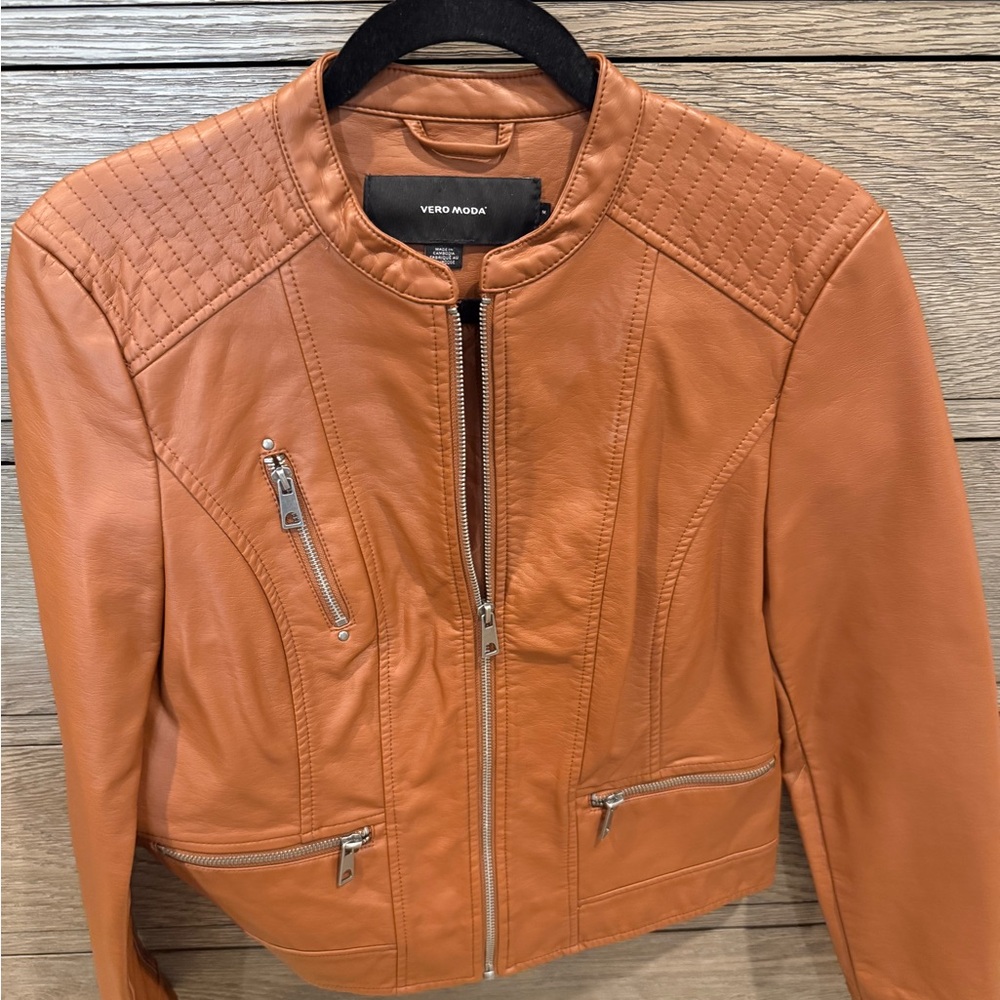 Vero Moda Women's Leather Jacket in Warm Orange